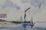 seascape, boat, sailboat, dock, pier, beach, sea, harbor, ocean, original watercolor painting, oberst